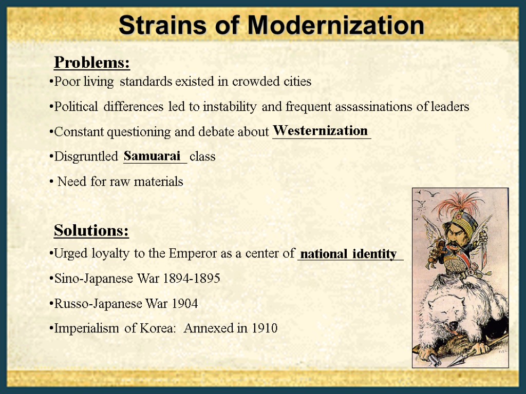 Strains of Modernization Poor living standards existed in crowded cities Political differences led to